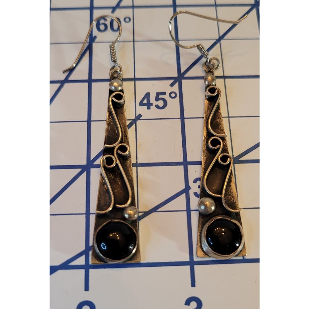 Taxco Sterling and Onyx Triangular Dangle Earrings, French Wire, Marked TC-40